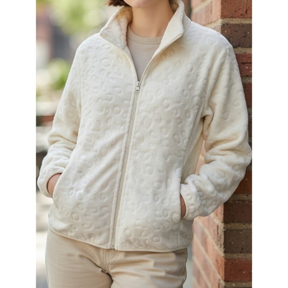 Classic Jackets & Blazers - Classic Concepts Cream Embossed Fleece Zip Up Jacket‎ reversible size L